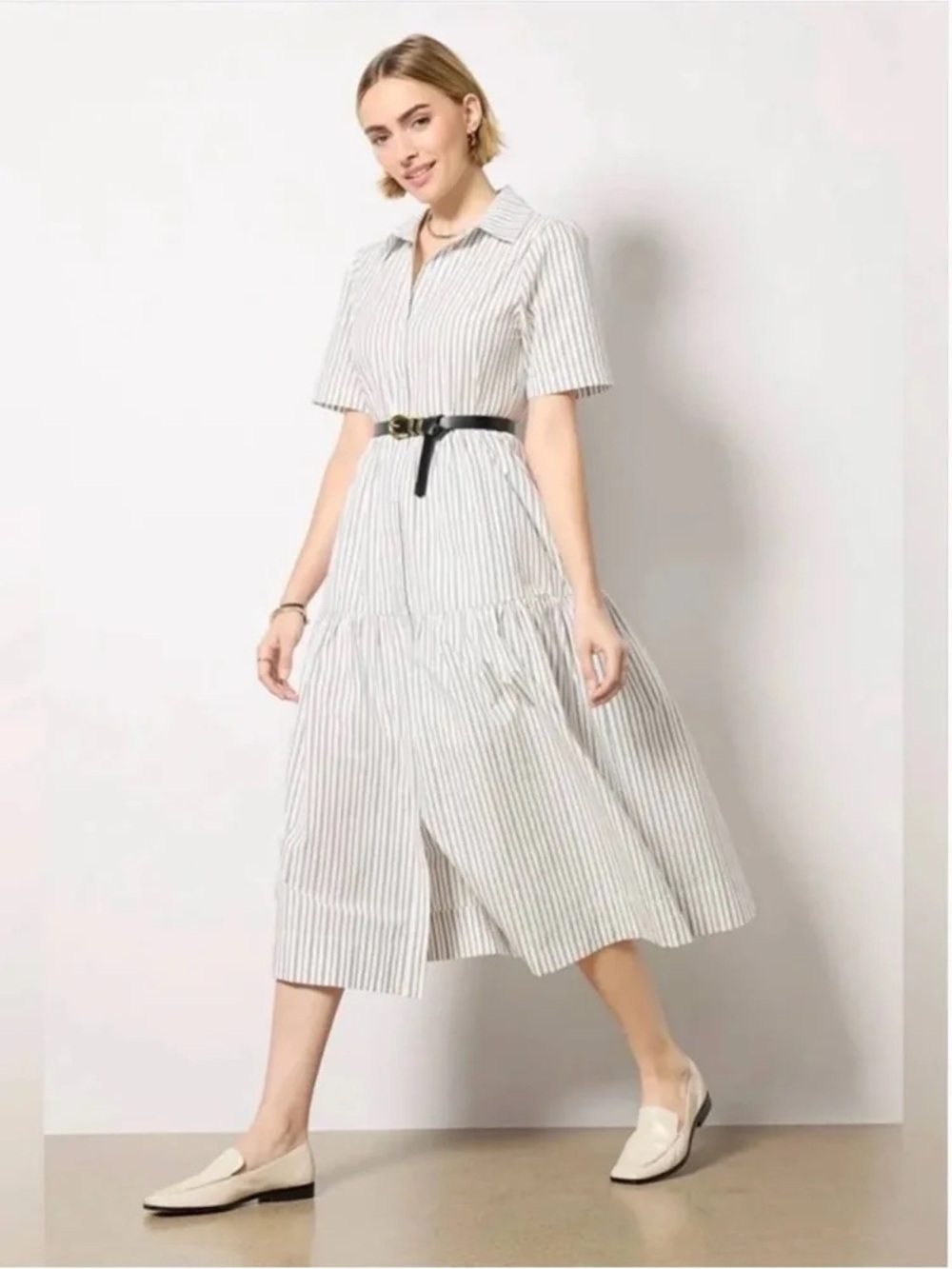 Evereve Ella Striped Midi Shirt Dress White w/ Gray/Black Stripes Size Small